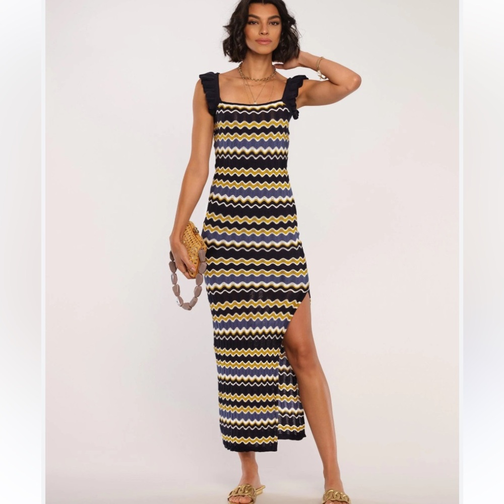 Heartloom Bennet Maxi Dress, Navy Wave Chevron Pattern, Ruffle Straps, Small NWT